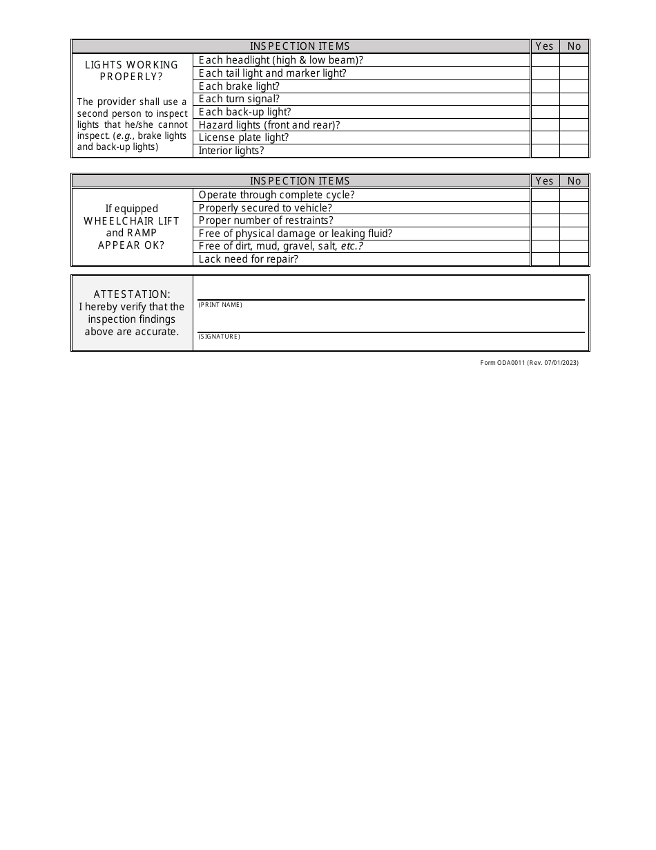 Form ODA0011 Daily Vehicle Inspection (Large Print) - Ohio, Page 2