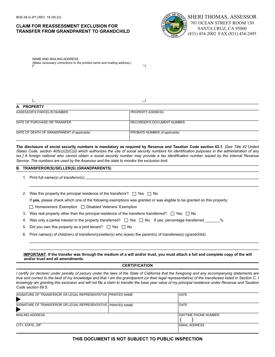 Form BOE-58-G Claim for Reassessment Exclusion for Transfer From Grandparent to Grandchild - Santa Cruz County, California, Page 1