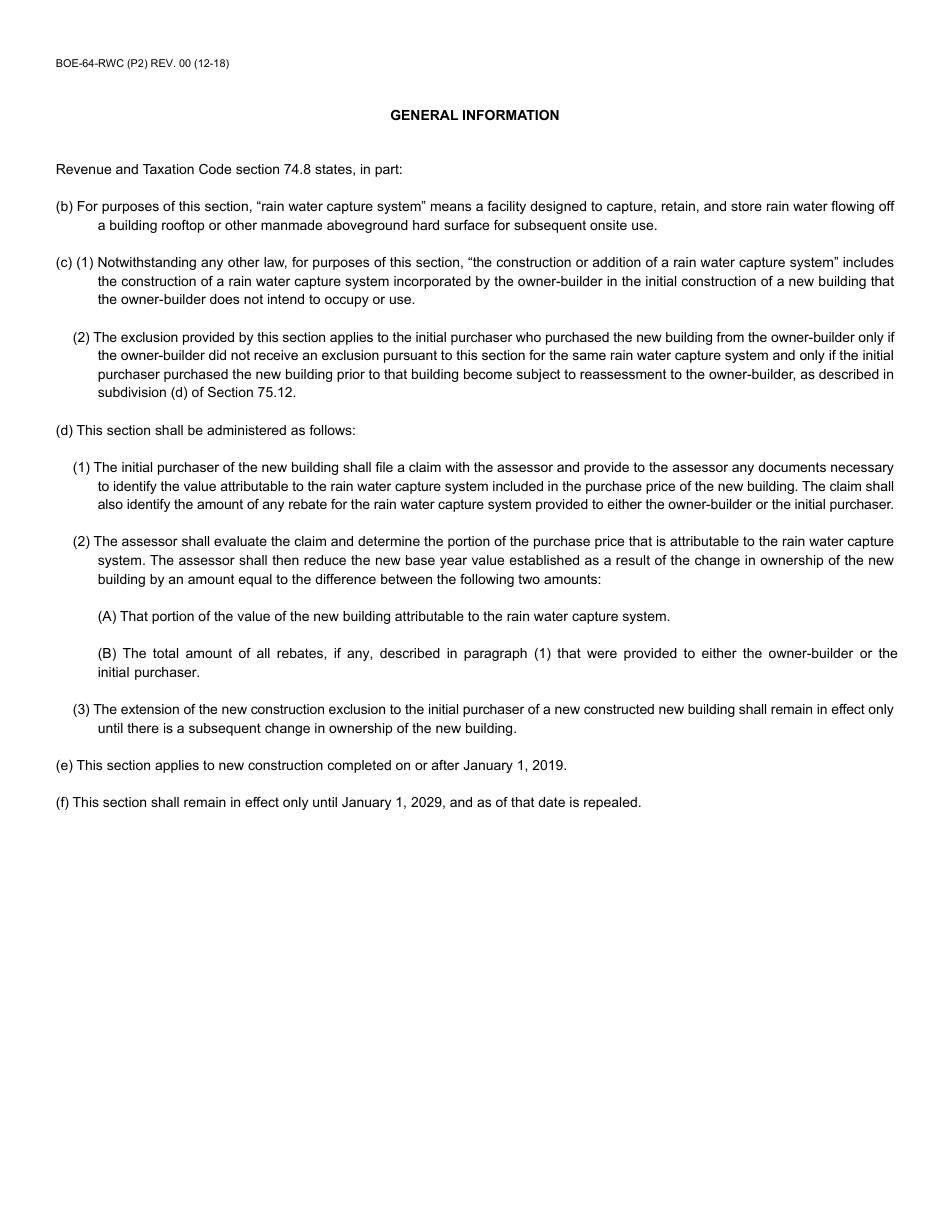 Form BOE-64-RWC Initial Purchaser Claim for Rain Water Capture System New Construction Exclusion - Santa Cruz County, California, Page 2