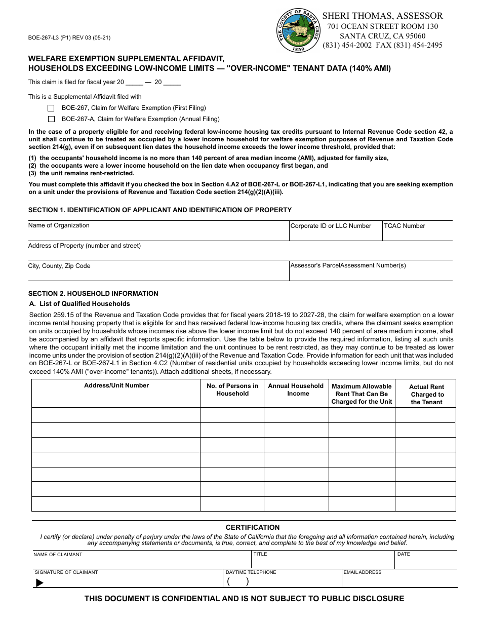 Form BOE-267-L3 Welfare Exemption Supplemental Affidavit, Households Exceeding Low-Income Limits - over-Income Tenant Data (140% Ami) - Santa Cruz County, California, Page 1