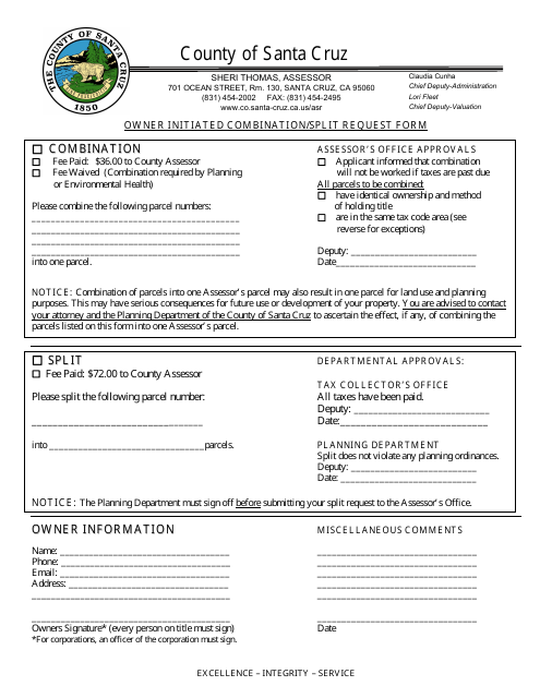 Owner Initiated Combination / Split Request Form - Santa Cruz County, California Download Pdf