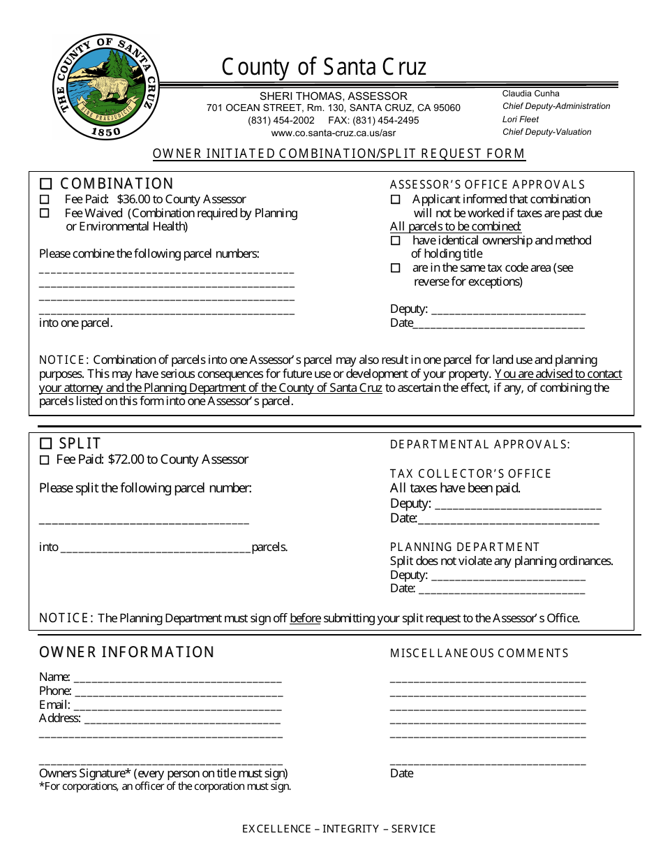 Owner Initiated Combination / Split Request Form - Santa Cruz County, California, Page 1