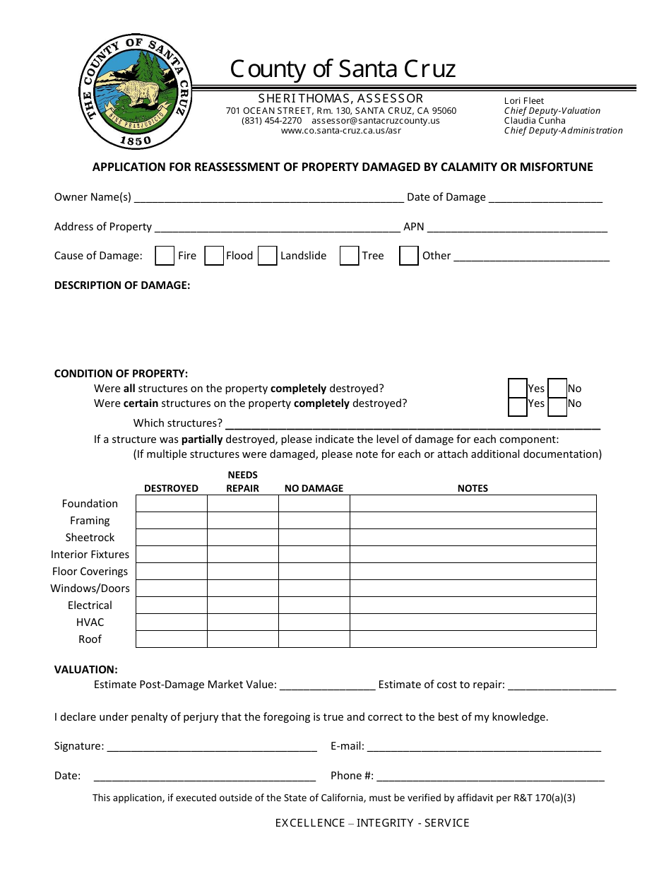 Application for Reassessment of Property Damaged by Calamity or Misfortune - County of Santa Cruz, California, Page 3