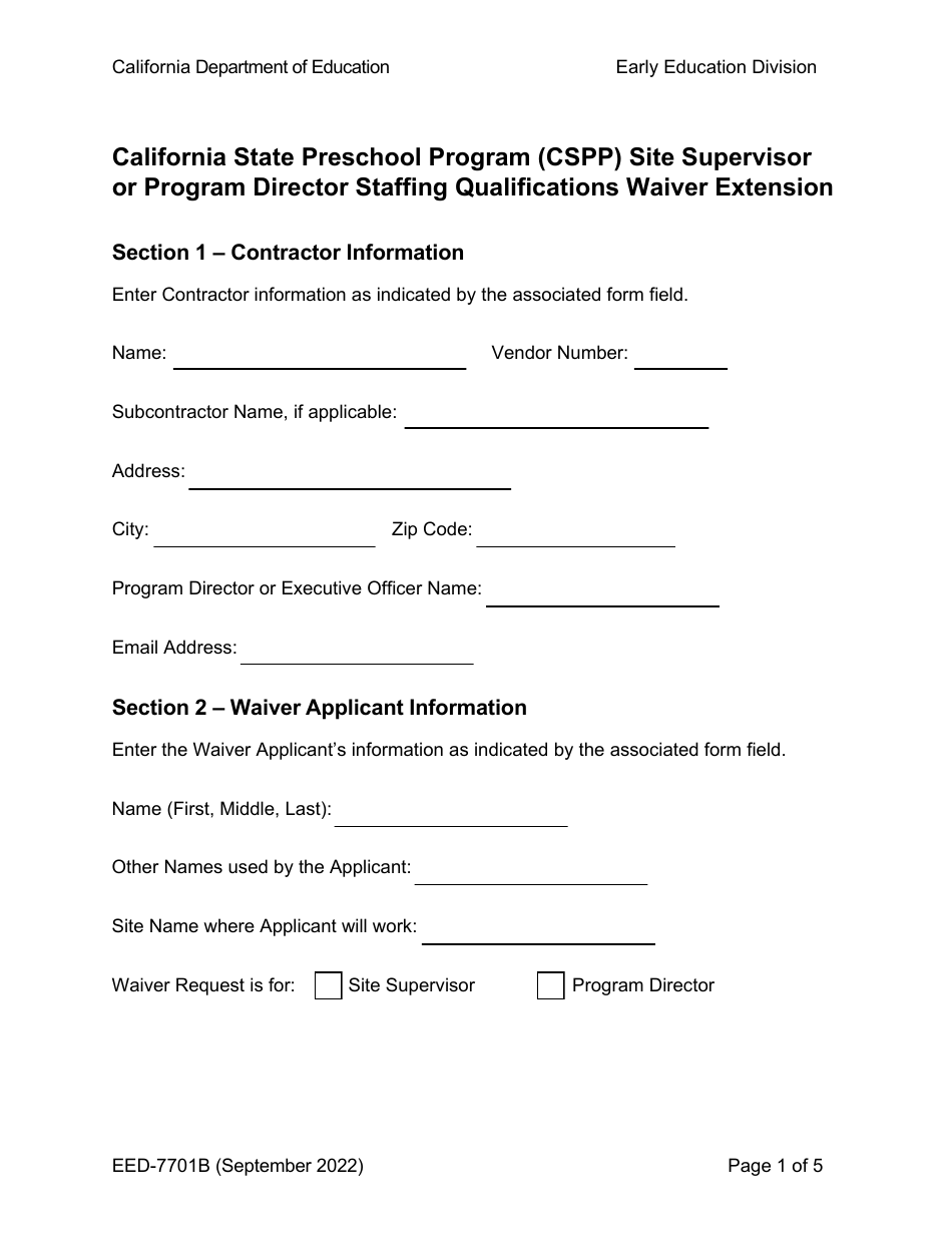 Form EED-7701B California State Preschool Program (Cspp) Site Supervisor or Program Director Staffing Qualifications Waiver Extension - California, Page 1
