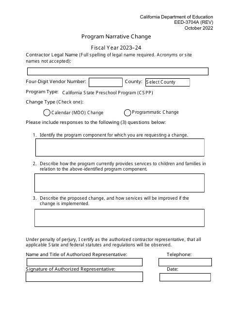 Form EED-3704A Program Narrative Change - California, 2024