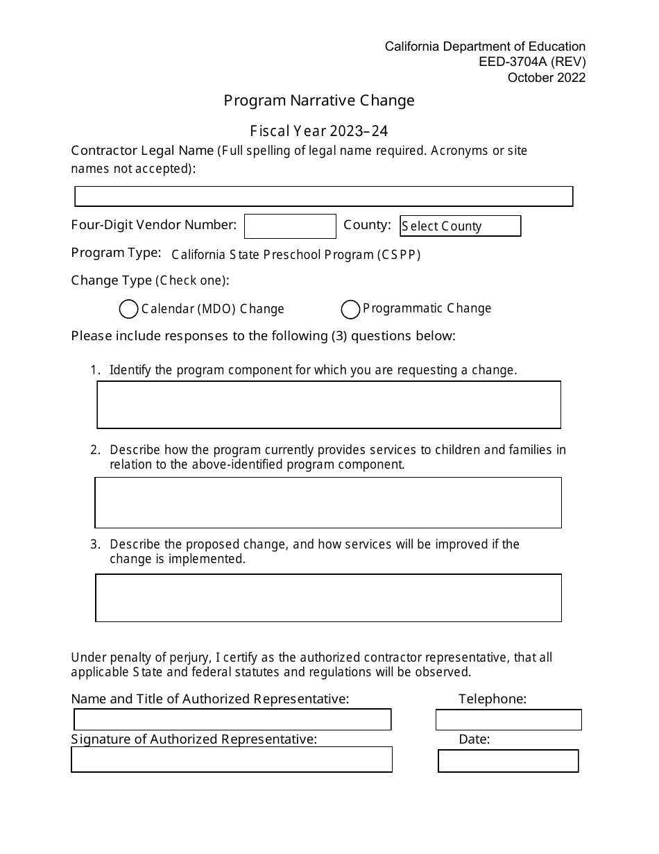 Form EED-3704A Program Narrative Change - California, Page 1