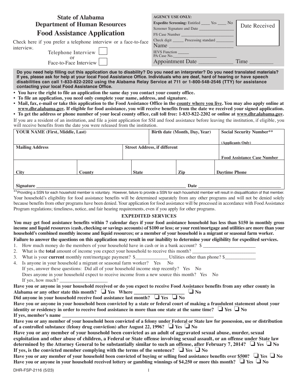 Form DHR-FSP-2116 Food Assistance Application - Alabama, Page 1