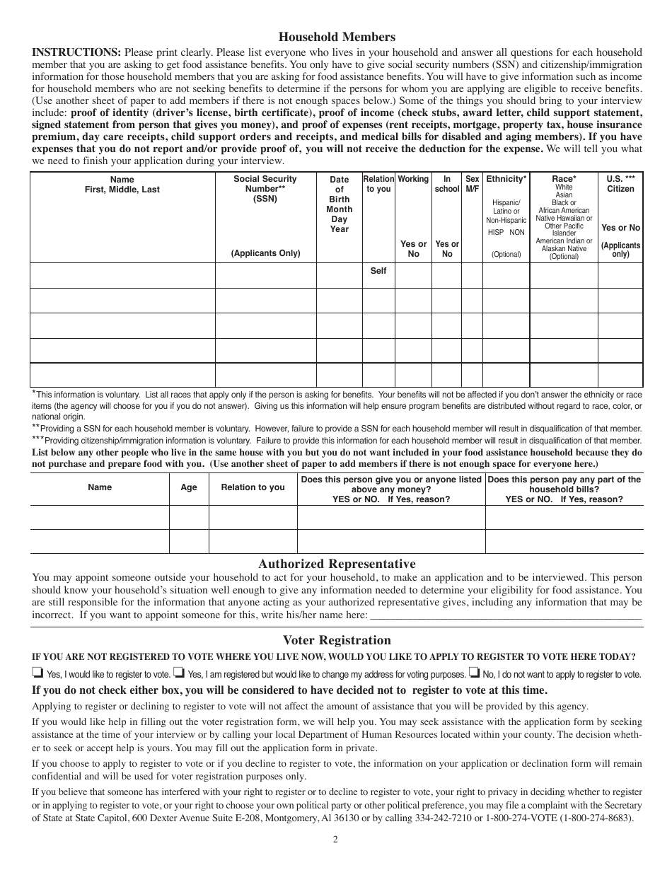 Form Dhr Fsp 2116 Download Printable Pdf Or Fill Online Food Assistance Application Alabama 5467