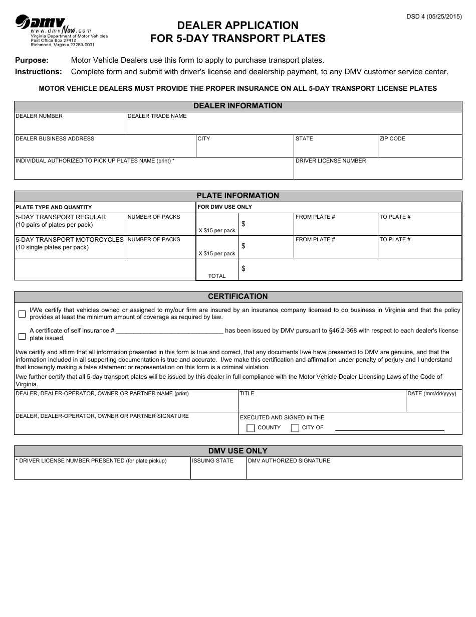Form DSD4 Dealer Application for 5-day Transport Plates - Virginia, Page 1