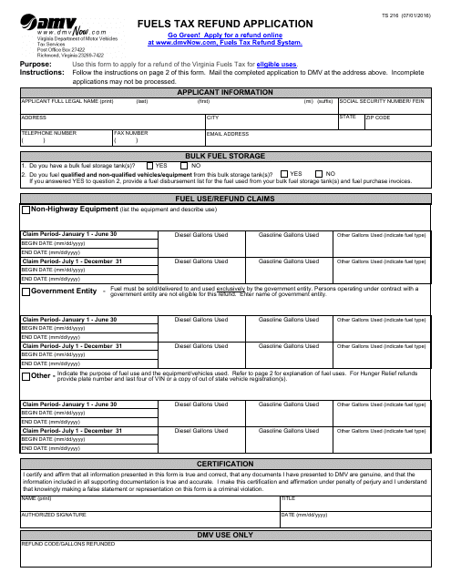 Form TS216 Fuels Tax Refund Application - Virginia