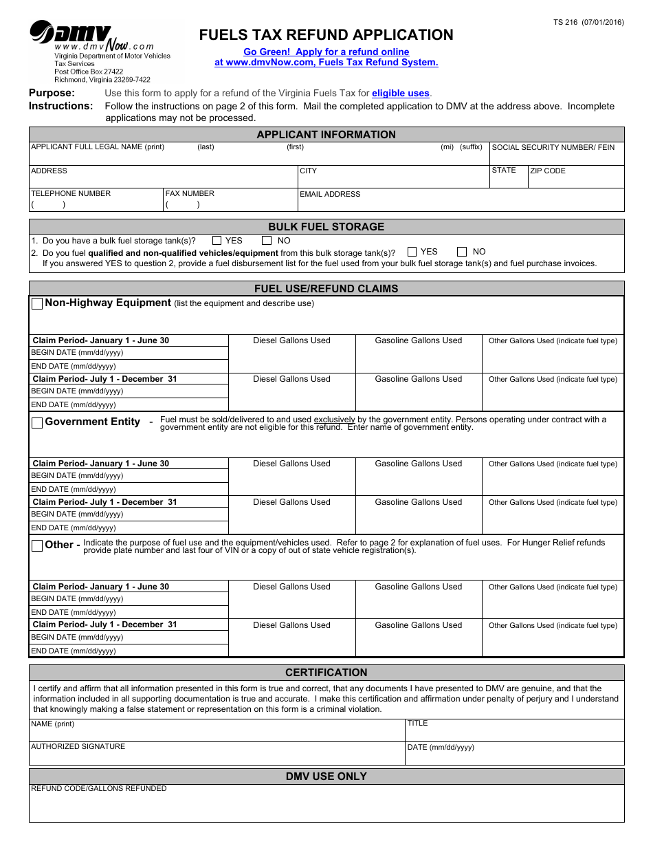 Form TS216 Fuels Tax Refund Application - Virginia, Page 1