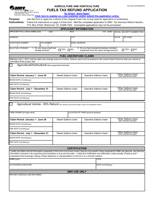 Form TS216 A Agriculture and Horticulture Fuels Tax Refund Application - Virginia