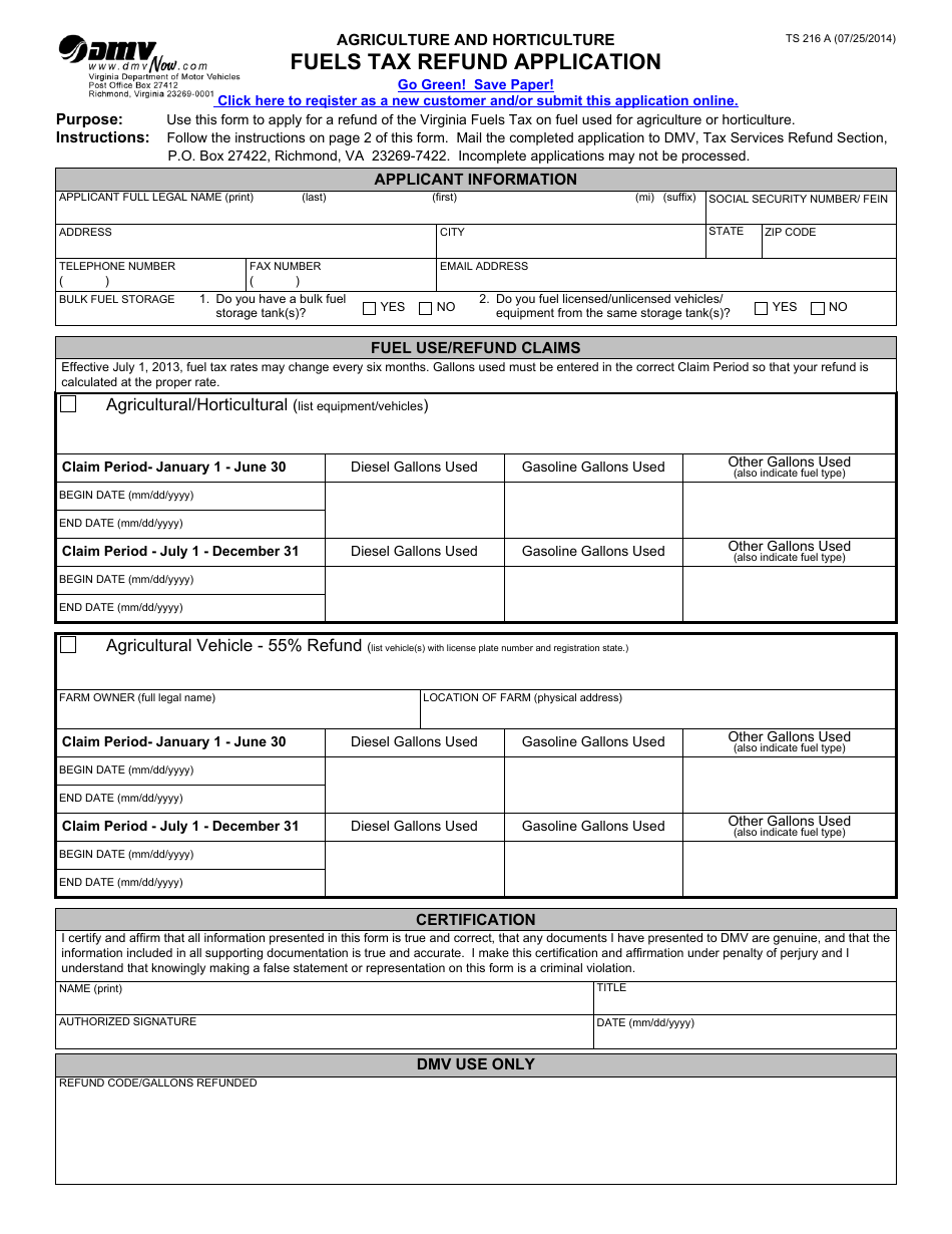 Form TS216 A Agriculture and Horticulture Fuels Tax Refund Application - Virginia, Page 1