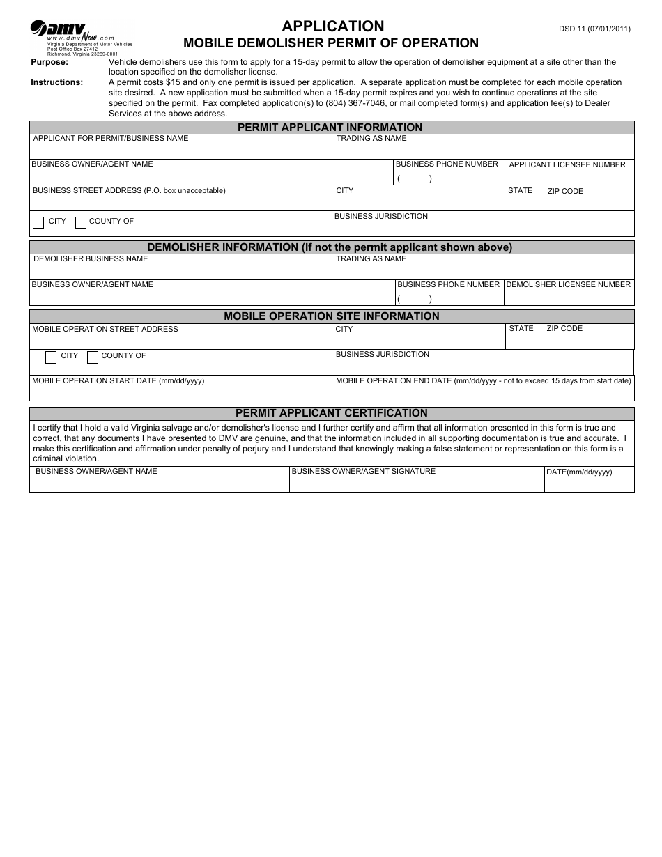 Form DSD11 Application - Mobile Demolisher Permit of Operation - Virginia, Page 1