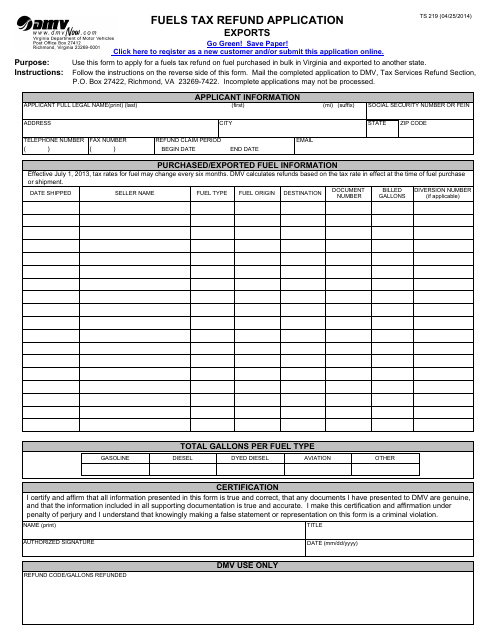 Form TS219 Fuels Tax Refund Application - Exports - Virginia