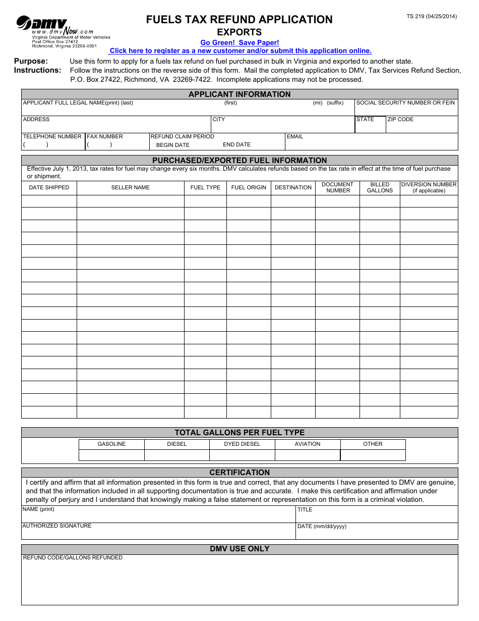 Form TS219 Fuels Tax Refund Application - Exports - Virginia, Page 1