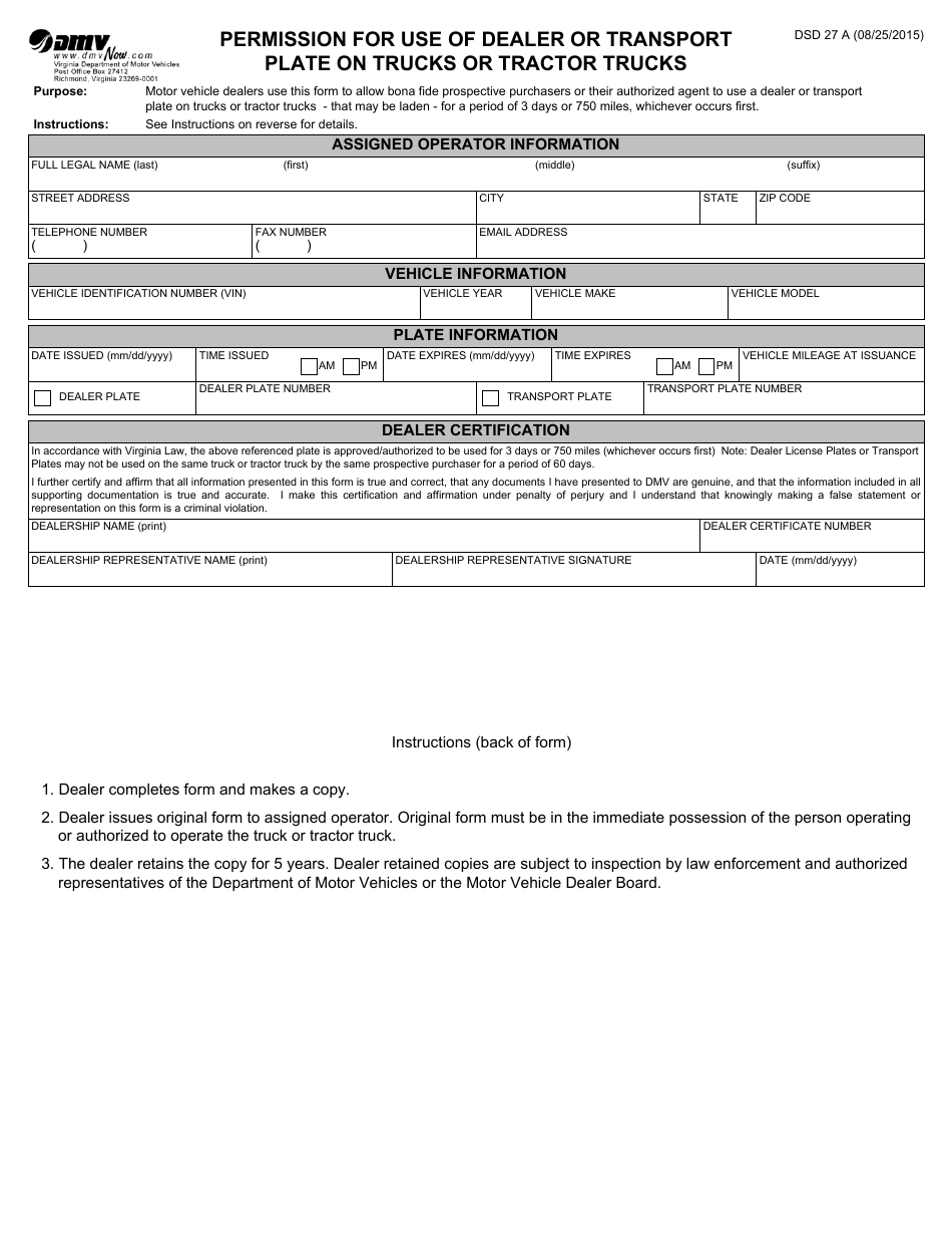 Form DSD27 A Permission for Use of Dealer or Transport Plate on Trucks or Tractor Trucks - Virginia, Page 1