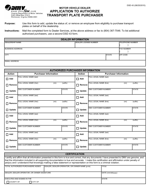 Form DSD43 Application to Authorize Transport Plate Purchaser - Virginia