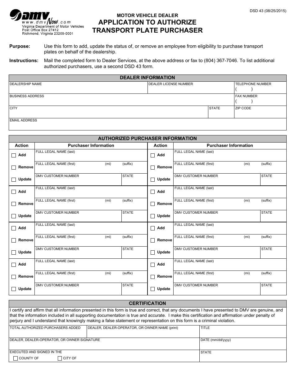 Form DSD43 Application to Authorize Transport Plate Purchaser - Virginia, Page 1