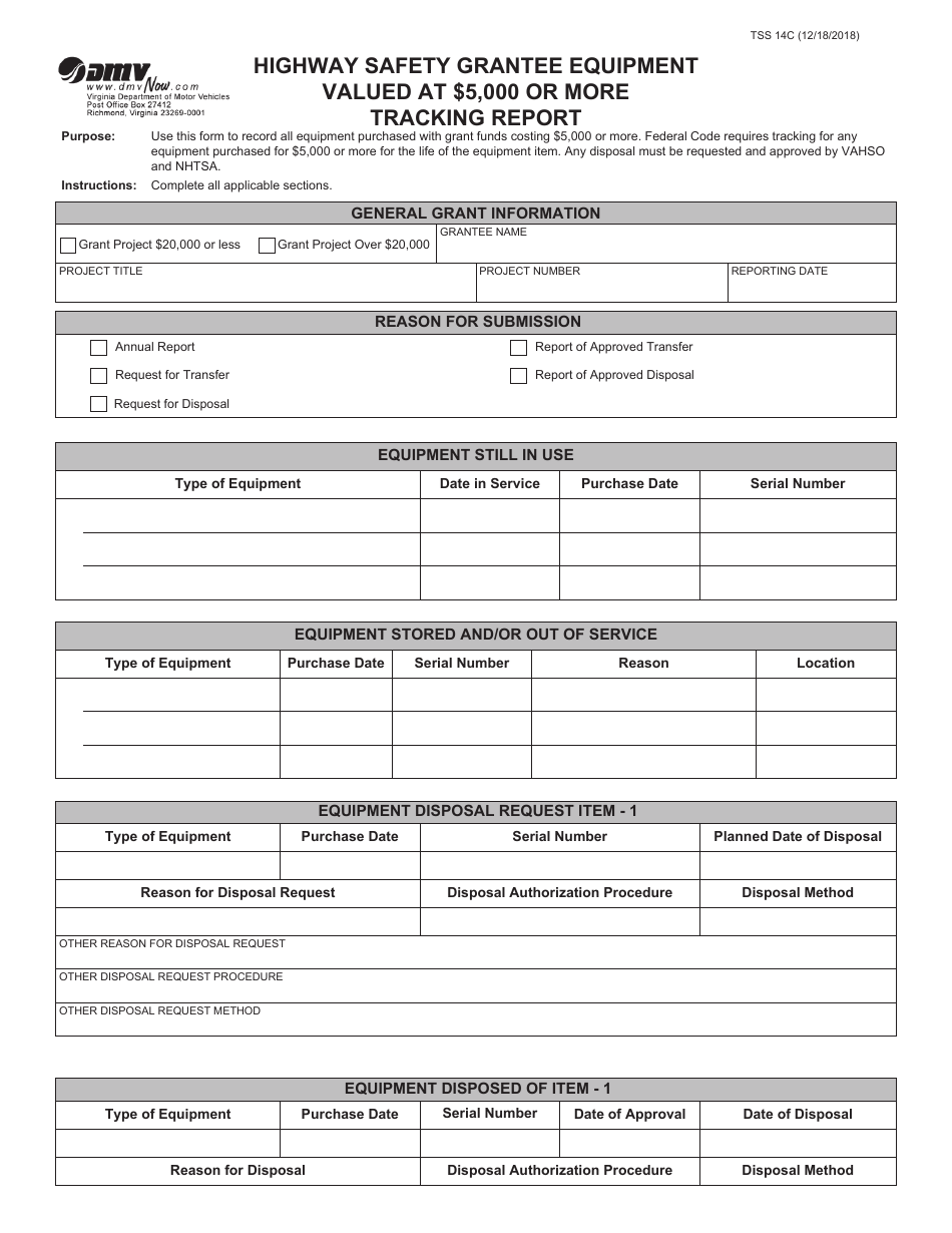 Form TSS14C Highway Safety Grantee Equipment Valued at $5,000 or More Tracking Report - Virginia, Page 1
