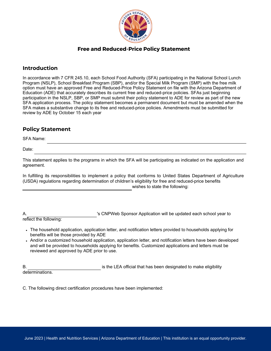 Free and Reduced-Price Policy Statement - Arizona, Page 1