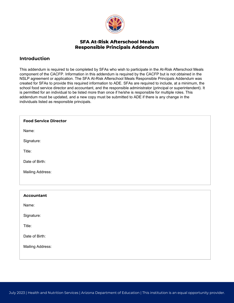 SFA at-Risk Afterschool Meals Responsible Principals Addendum - Arizona, Page 1