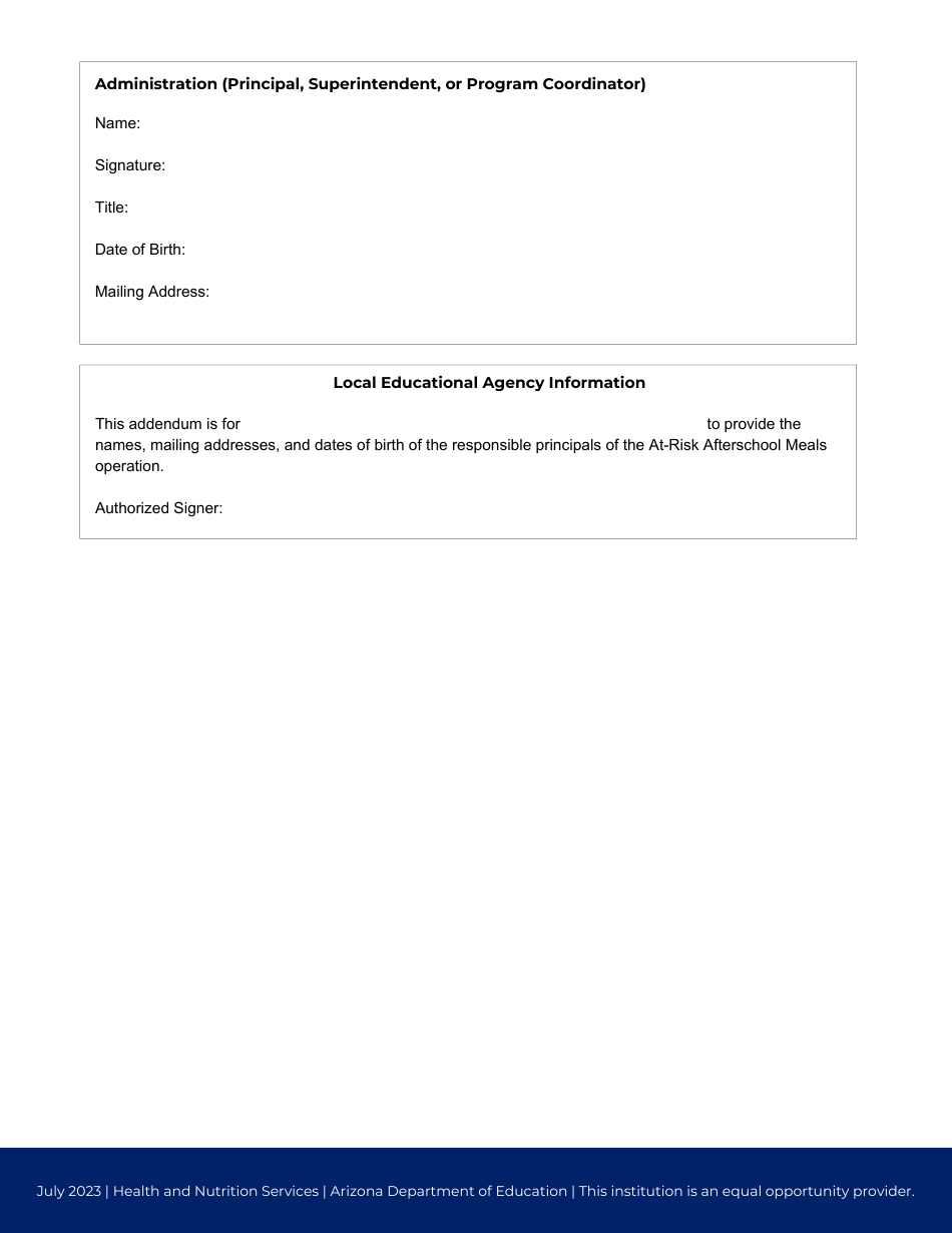 SFA at-Risk Afterschool Meals Responsible Principals Addendum - Arizona, Page 2