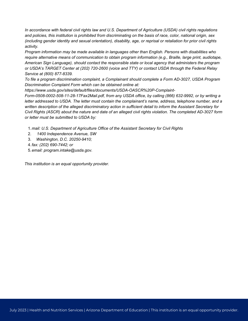 SFA at-Risk Afterschool Meals Responsible Principals Addendum - Arizona, Page 3