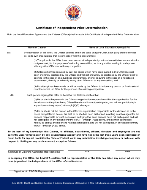 Certificate of Independent Price Determination - Arizona