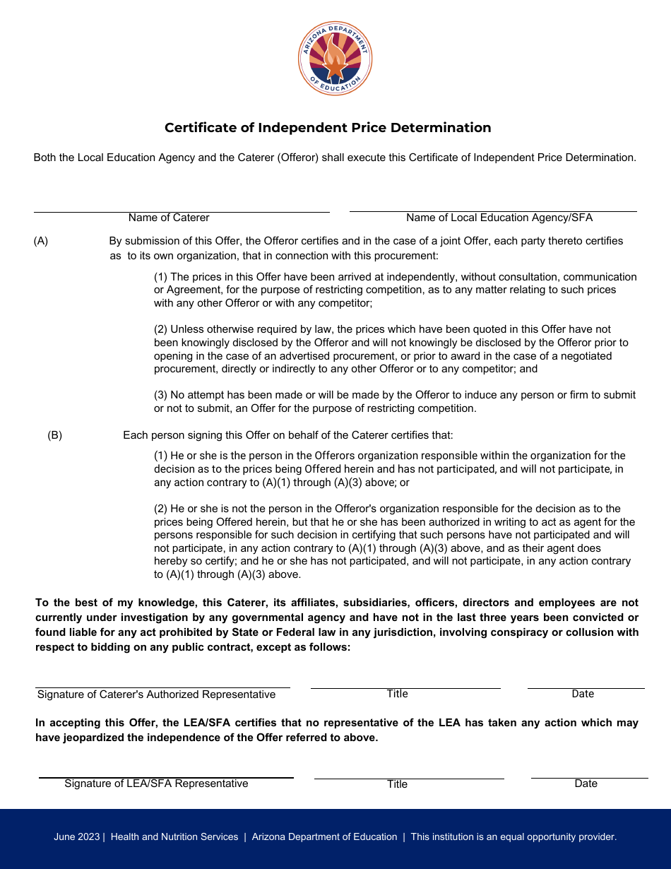 Certificate of Independent Price Determination - Arizona, Page 1