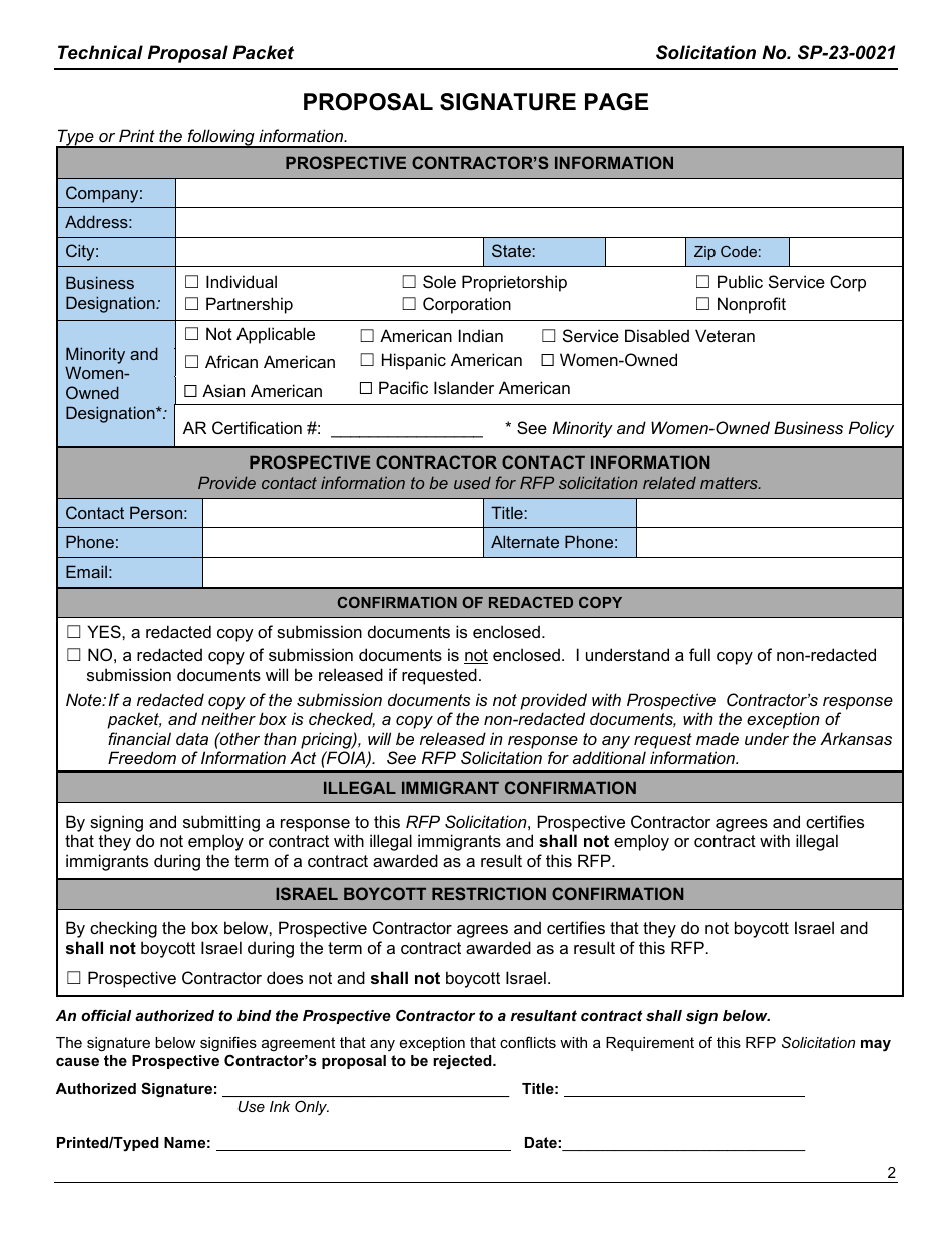 Form SP-23-0021 Technical Proposal Packet - on-Demand Language Translation and on-Demand American Sign Language Services - Arkansas, Page 2
