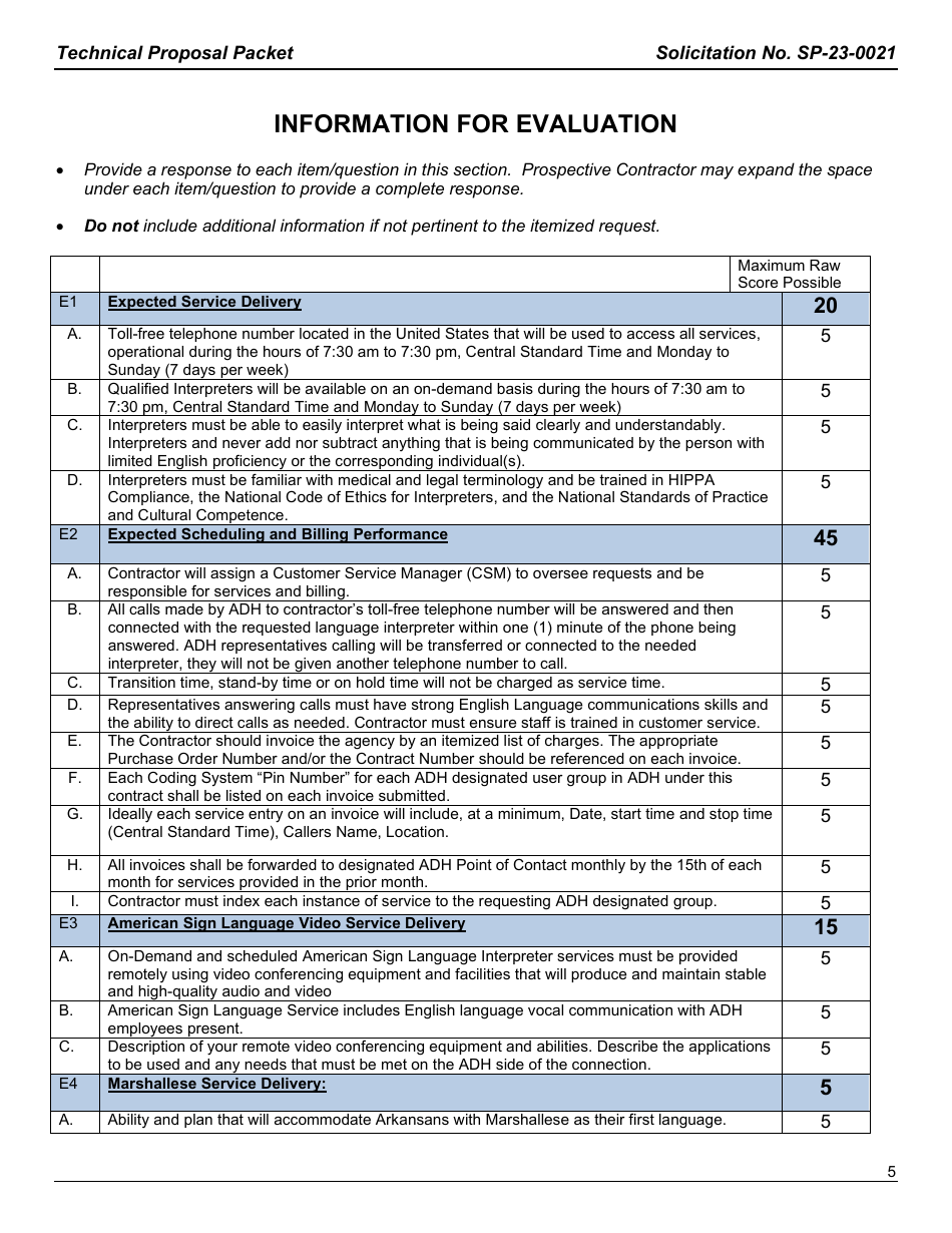 Form SP-23-0021 Technical Proposal Packet - on-Demand Language Translation and on-Demand American Sign Language Services - Arkansas, Page 5