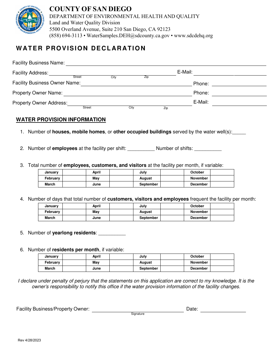 Water Provision Declaration - County of San Diego, California, Page 1
