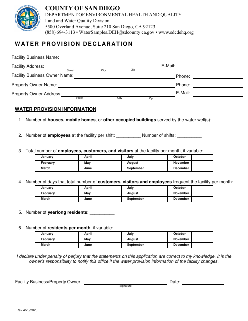 Water Provision Declaration - County of San Diego, California Download Pdf