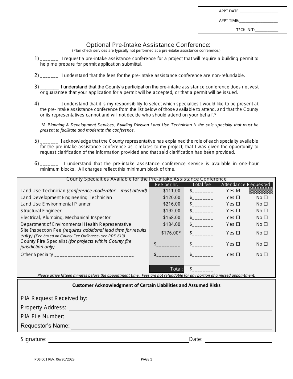 Form PDS001 Optional Pre-intake Assistance Conference - County of San Diego, California, Page 1