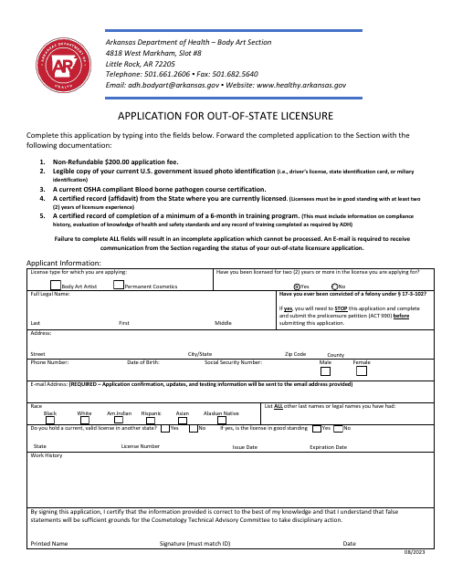 Application for Out-of-State Licensure - Arkansas Download Pdf