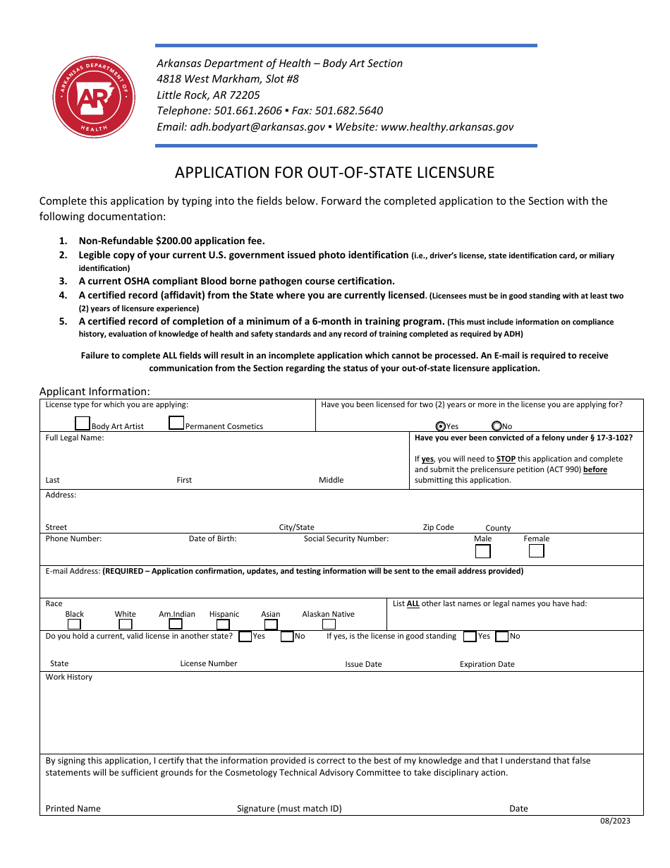 Application for Out-of-State Licensure - Arkansas, Page 1