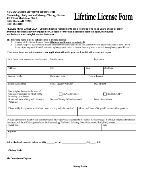 Lifetime License Form - Arkansas Download Pdf