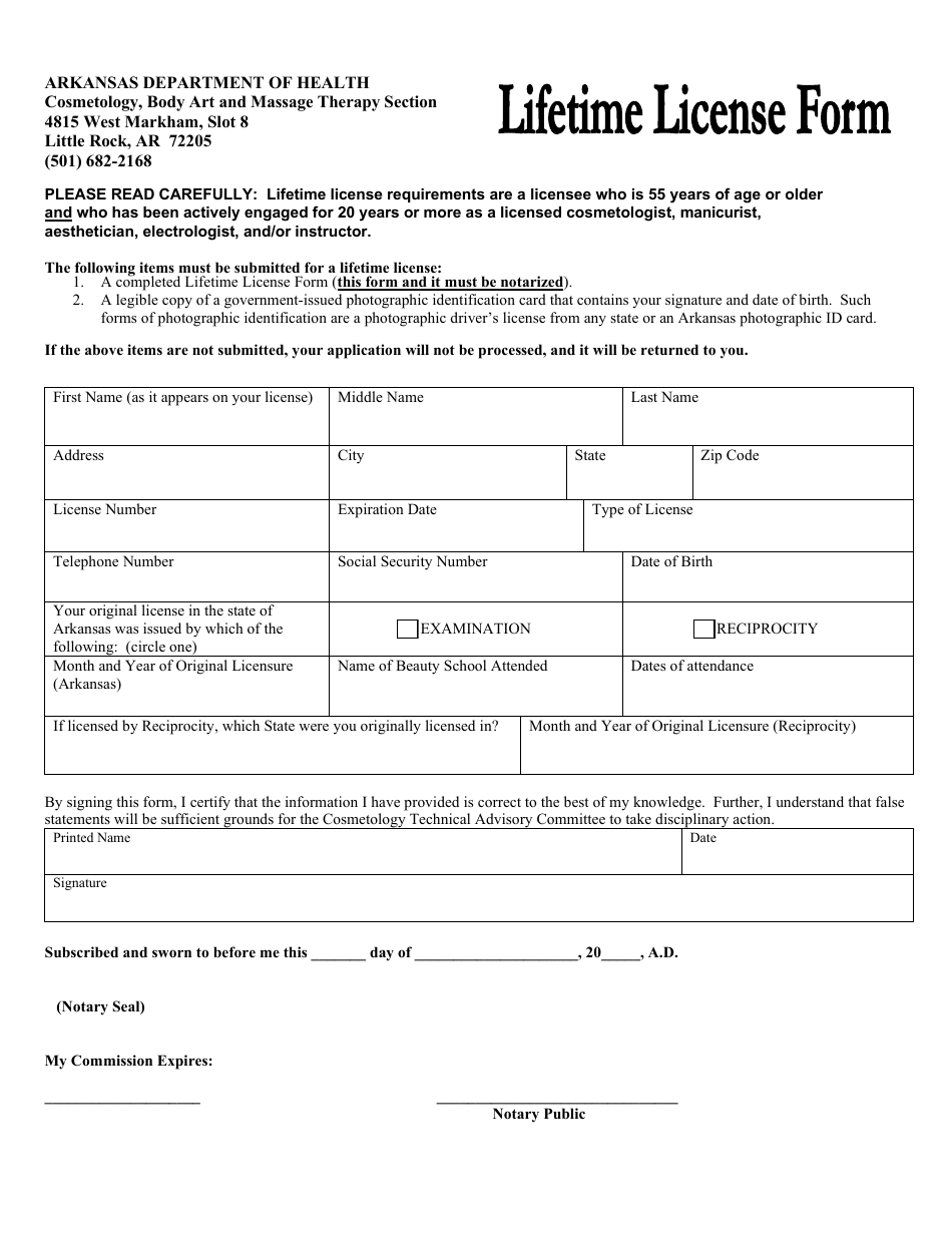 Lifetime License Form - Arkansas, Page 1