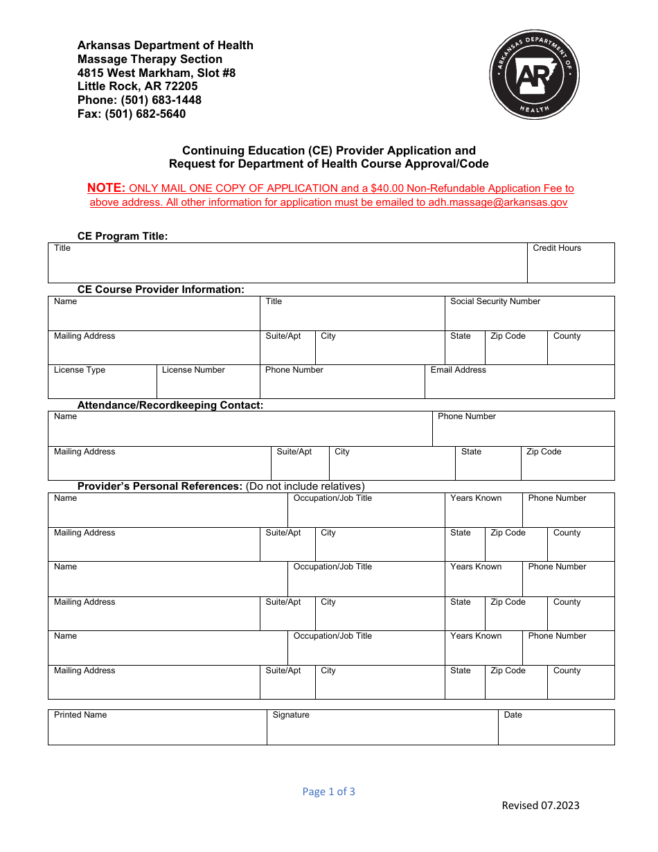 Arkansas Continuing Education (Ce) Provider Application and Request for