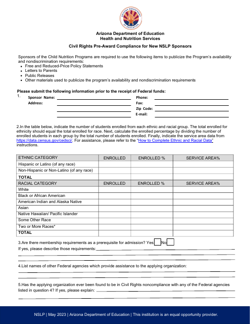 Civil Rights Pre-award Compliance for New Nslp Sponsors - Arizona Download Pdf
