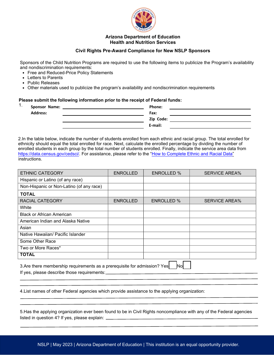 Civil Rights Pre-award Compliance for New Nslp Sponsors - Arizona, Page 1