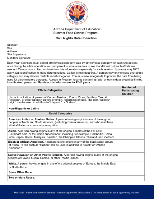Civil Rights Data Collection - Summer Food Service Program - Arizona Download Pdf