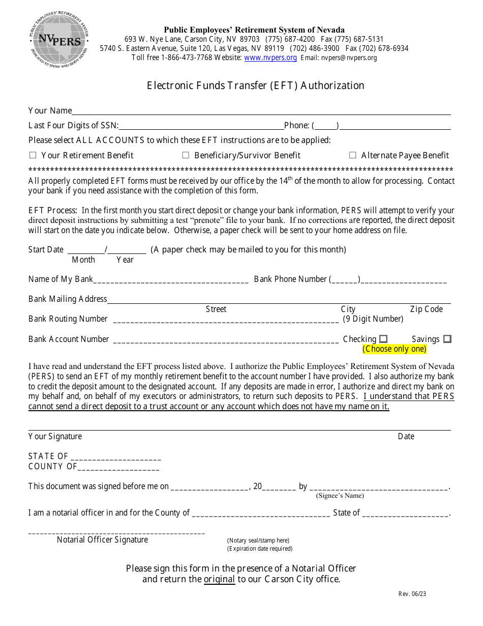 Electronic Funds Transfer (Eft) Authorization - Nevada, Page 1