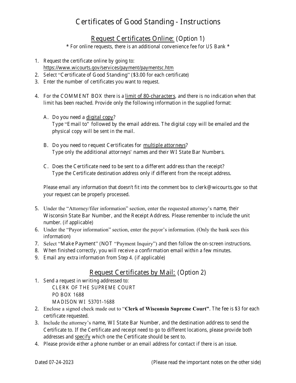 Instructions for Certificates of Good Standing - Wisconsin, Page 2