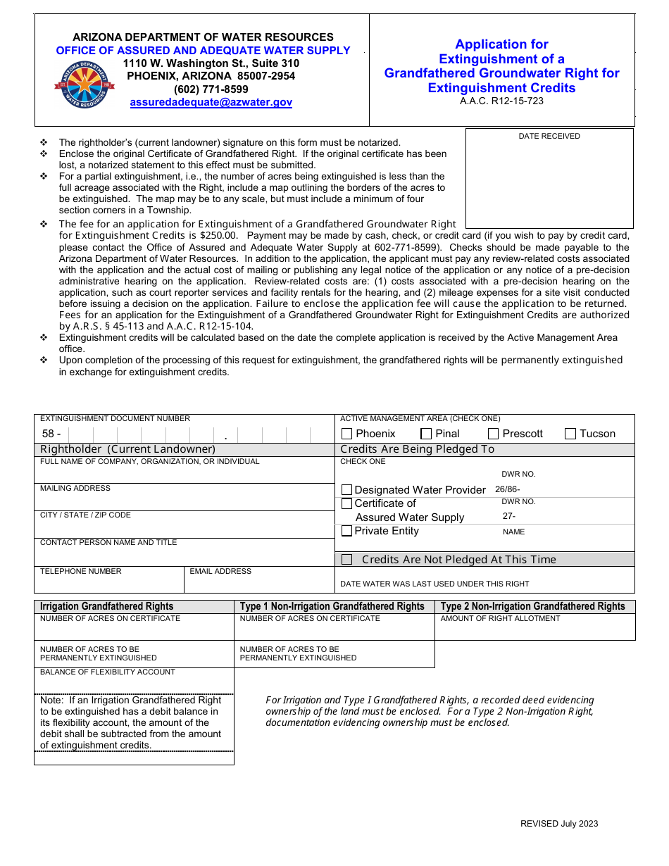 Application for Extinguishment of a Grandfathered Groundwater Right for Extinguishment Credits - Arizona, Page 1