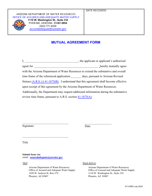 Mutual Agreement Form - Arizona Download Pdf