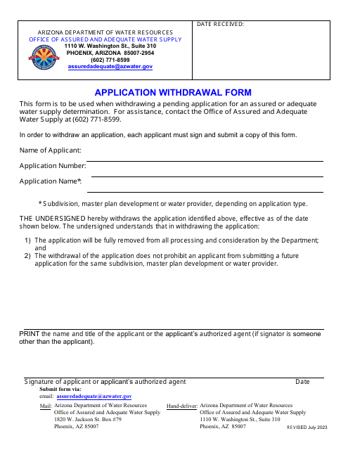 Application Withdrawal Form - Arizona Download Pdf