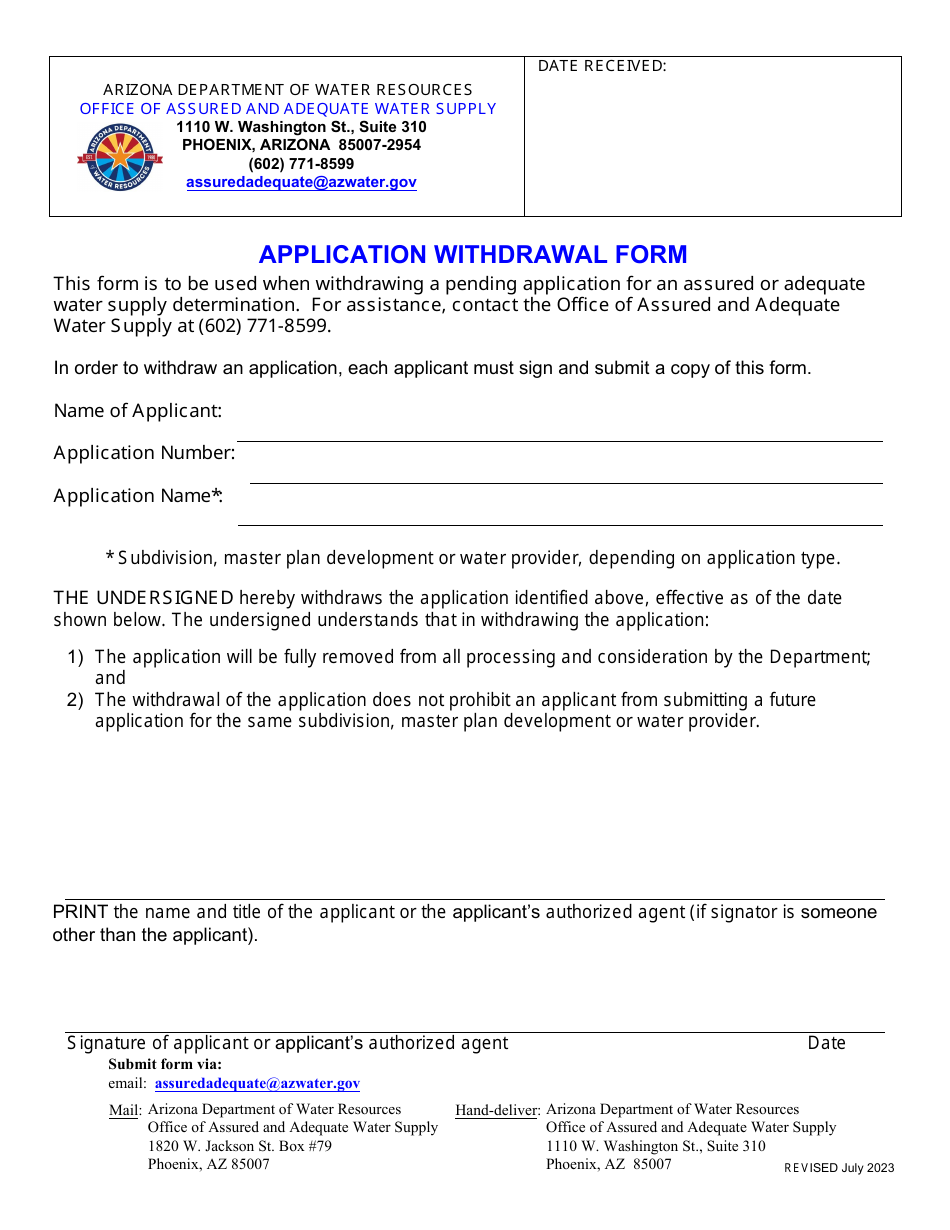 Application Withdrawal Form - Arizona, Page 1