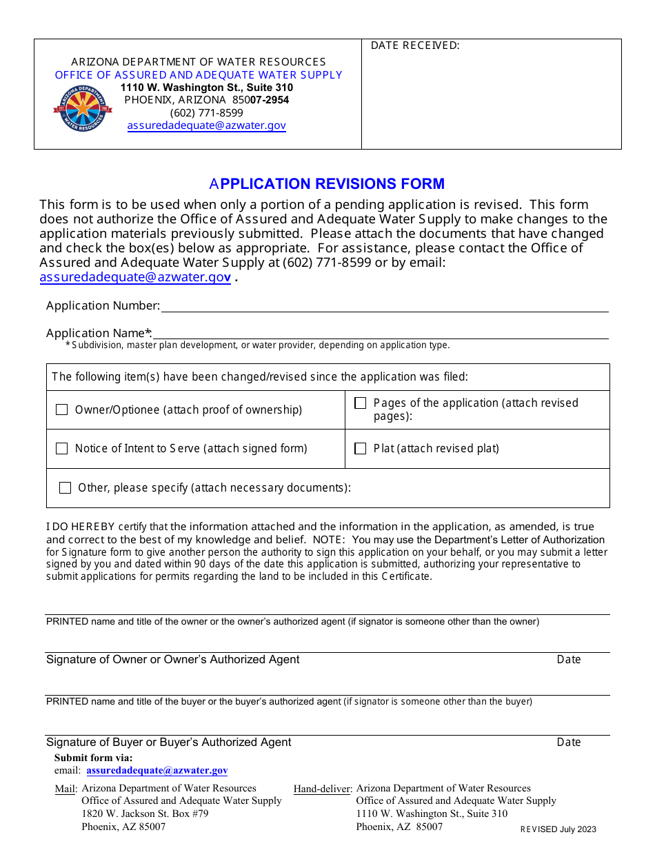Arizona Application Revisions Form Download Fillable PDF Templateroller